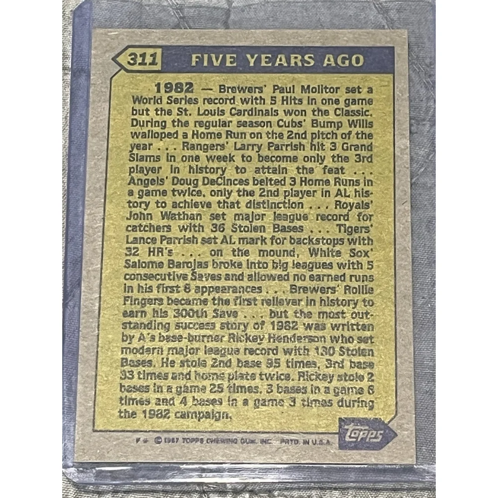 1987 Topps Rickey Henderson #311 Turn Back The Clock 1982